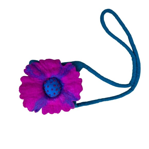 Handmade Wool Shoulder Bag with Teal and Purple Flower Made in Nepal - Picture 4 of 11